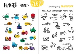 Finger prints art. The task teaches your kids how to make different modes of transport. Collection in vector. Transport. Part 1.