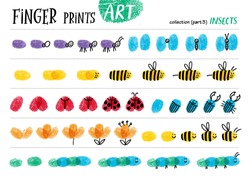 Finger prints art. The step-by-step instruction teaches your kids how to make cute insects. Collection in vector. Insects. Part 3.