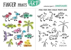Finger prints art. The task teaches your kids how to make different dinosaurs. Collection in vector. Part 1.
