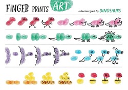 Finger prints art. The task teaches your kids how to make different dinosaurs. Collection in vector. Part 3.