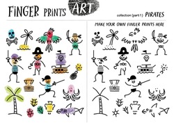 Finger prints art. The task teaches your kids how to make different pirates pirate items and ocean creatures. Collection in vector. Part 1.
