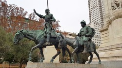 Statue of Don Quixote and Sancho Panza in Plaza de Espana (Spanish for 'Spain Square'), Madrid, Spain