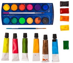 Acrylic, watercolor and oil tubes with brushes isolated on white background, artistic equipment, flat lie, top view photo, back to school