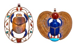 Beautiful jewelry with semiprecious stones, lapis lazuli, carnelian,  necklaces for woman in a shape of the ancient Egyptian scarab symbol, ancient egypt design

