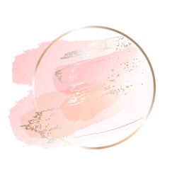 Pastel rose and pink brush strokes and gold lines. Gold round contour frame. 
