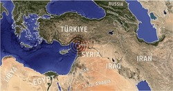 Map of eartquake in Turkiye (Turkey) Syria 8K, high res, town Ekinözü, town Gaziantep,  with eartquake circle, Antakya, 6.4 magnitude 20.02.2023