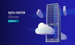 Server rack with server equipment inside rendered in 3D style. Data Collection and Processing with cloud computing. The concept for website landing pages, mobile site template and presentation.