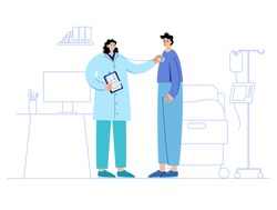 Consultation with a practitioner in clinic office. Health check with a stethoscope. Doctor is ready to help patient. Flat vector illustration. Adult male and female cartoon characters