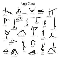 Set Of Yoga Positions Black Vector Silhouettes Illustration. Silhouette yoga poses (asanas) isolated on white background