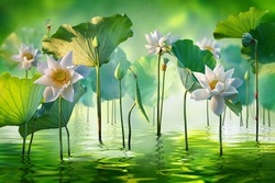 Beautiful white lotus flower and dragonfly in lake