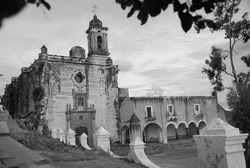 San Francisco ex-convent in the magical town of Atlixco in Puebla, Mexico. An old convent in Mexico. Picture in black and white.  