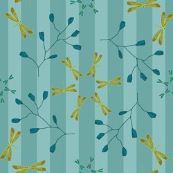 Vector pastel blue turquoise Dragonfly Diamonds seamless pattern. Olive dragonflies and teal twigs with buds forming ornaments in front of a striped background. Part of Labellula collection.