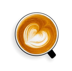 Coffee lover. Top view of hot Coffee cup with a barista art heart shape foam on white background. Happy Valentines Day. top view. flat lay. 