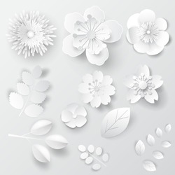 Paper art isolated flowers. Set - vector stock.