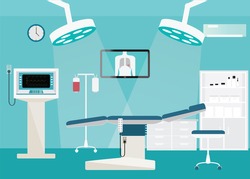 Medical hospital surgery operation room interior at the hospital with medical equipment , vector illustration.