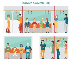 Commuters subway or passangers activities in subway, interior subway train, Flat design with character vector illustration.
