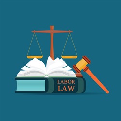 Labor Law books with a judges gavel in flat style, Conceptual  Law and justice set icon, Vector illustration.