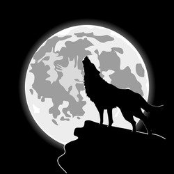 Howling wolf in front of the cartoon moon. Halloween night background. Silhouette of wolf and moonlight