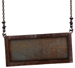 Old rusted iron sign hanging on a white background.