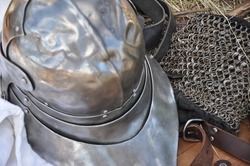 Armor. Metal armor. Elements of armor. Metal. Armor. Chain mail made of metal. Leather ammunition. Historical reconstruction. Historical festival. European Warrior Accessories
