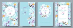 Vector vertical banners set with white lotus and butterflies on blue. Design for natural cosmetics, women hygiene products, soap and napkins. Can be used as greeting cards or wedding invitations