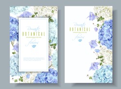 Vector vertical banners with blue and white hydrangea flowers on white background. Floral design for cosmetics, perfume, beauty care products. Can be used as greeting card, wedding illustration