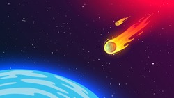 Fiery flying meteorite to Earth. Cosmic phenomenon dangerous to humanity. Asteroid from space. Armageddon, catastrophe, end of the world. Vector illustration.
