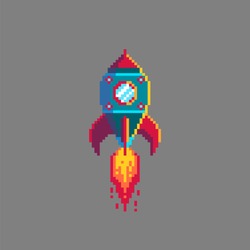 Pixel art rocket launch. Spaceship icon in retro style. Isolated vector illustration.