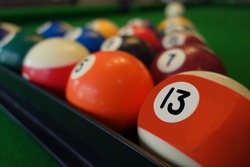 Sport games. Billard ball on the pool table.  indoor sport games.