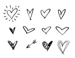 Set of outline hand drawn heart icon.Hand drawn doodle grunge heart vector set.Rough marker hearts isolated on white background. vector heart collection.Unique Painted.hand drawn arrow

