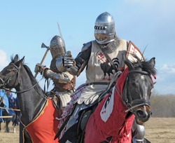 The horse knight in an armour and in a helmet with a sword in a hand