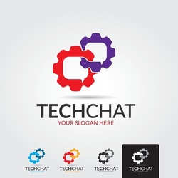 Chat and gear wheel logo - couple of pinions with speech bubbles and infinity symbol.