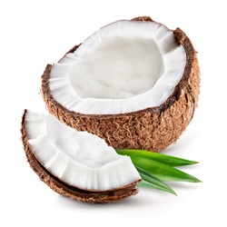 Coco. Coconut half, piece and leaves isolated. Coconut on white background - Image