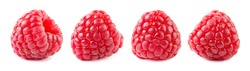 Raspberries isolate set. Raspberry isolated on white background. Red berry closeup.