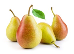 Pears isolated. Pears with leaf on white background. Full depth of field. 