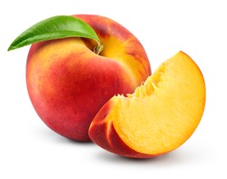 Peach isolate. Peach slice. Peach with leaf on white background. Full depth of field. With clipping path.