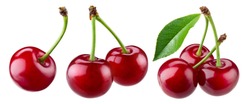 Cherry isolated. Sour cherry. Cherries with leaves on white background. Sour cherries on white. Cherry set.