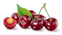 Cherry isolated. Sour cherry. Cherries with leaves on white. Sour cherries on white. Cut cherry.