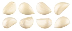 Garlic white background. Garlic cloves on white. Garlic clove isolated. White garlic. Set.