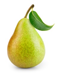 Pear isolated. One green pear fruit with leaf on white background. Green pear. With clipping path. Full depth of field. 