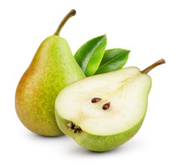 Pears isolated. One and a half green pear fruit with leaf on white background. With clipping path. Full depth of field. 