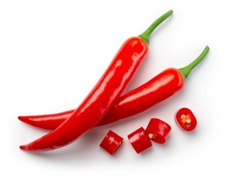 Chili pepper isolated. Chilli top view on white background. Whole and cut red hot chili peppers top. With clipping path.