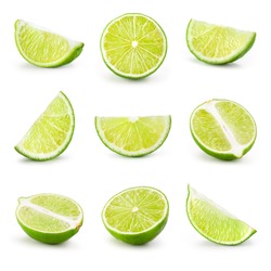 Lime. Fresh fruit isolated on white background. Slice, piece, half, quarter; part, segment, section. Collection.