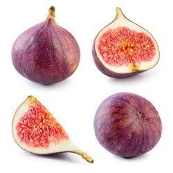 Fresh fig. Fruit with half and quarter isolated on white background. Collection.