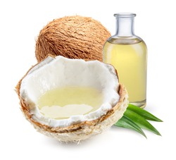 Coconut oil with fresh nut isolated on white background. Full depth of field.