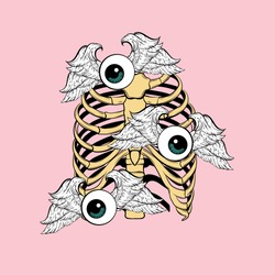 Vector hand drawn illustration of human ribs with flying eyes  isolated. Template for card, poster, banner, print for t-shirt, pin, badge, patch. 