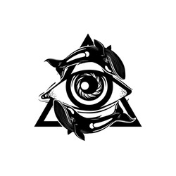Vector hand sketched illustration. All seeing eye pyramid symbol with whales. New World Order. Hand drawn Eye of Providence. Alchemy, religion, tattoo art. Template for poster, print for t-shirt.
