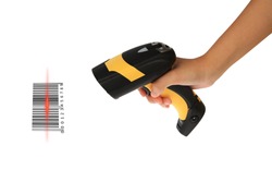 Young woman's hand hold Barcode Scanner for stock receiver