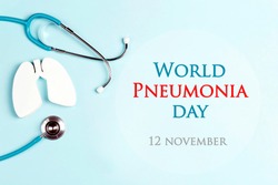 World pneumonia day concept with lungs and stethoscope on a blue background. Healthcare and medical campaign.