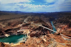 GRAND CANYON, ARIZONA, AZ, USA: A panoramic view of Hoover Dam and the Colorado River Bridge in the Grand Canyon National Park